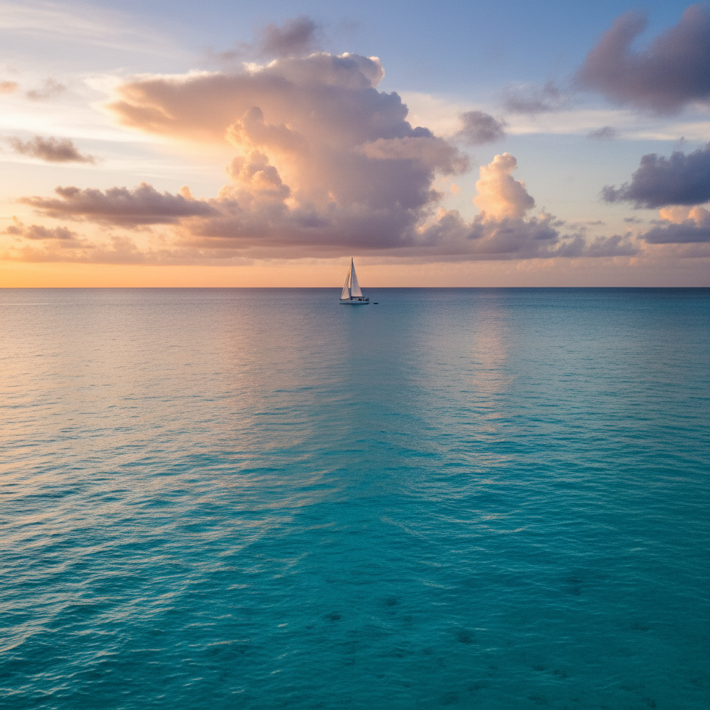 Pristine turquoise ocean waters with a beautiful horizon and a white sailboat sailing on the open sea