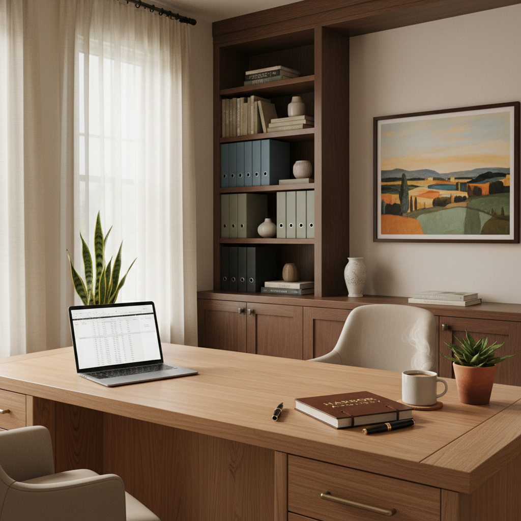 Professional home office workspace of an independent rental advisor in Puerto Aventuras